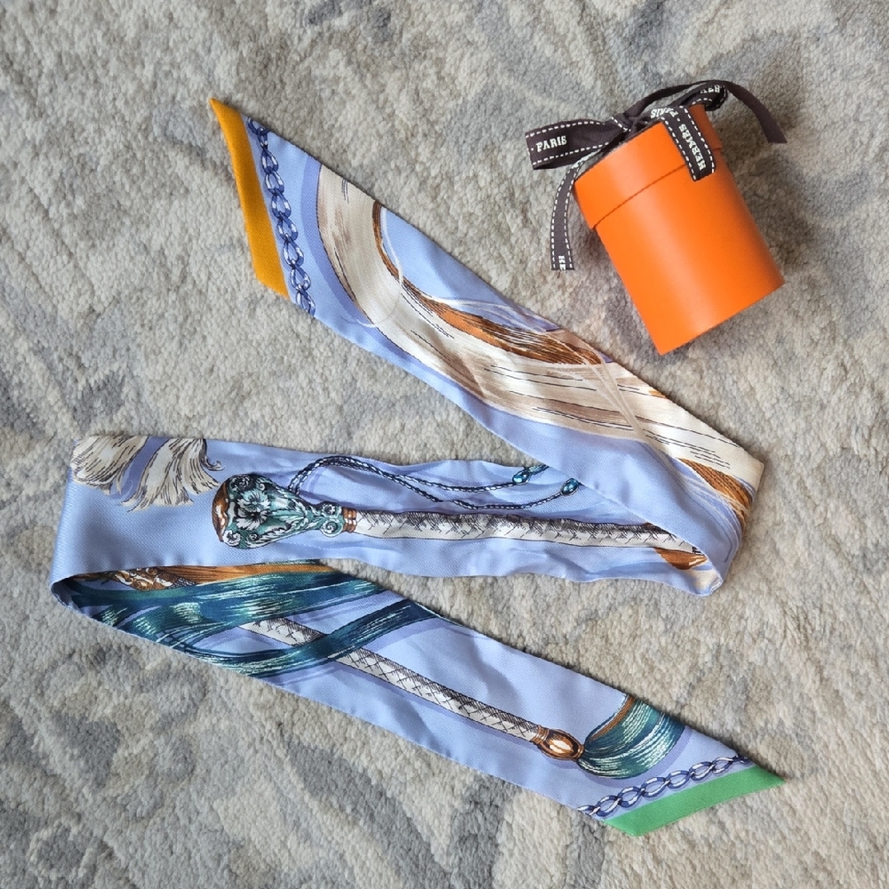 Hermes Silk Cavalcades Twilly Bleu Ciel Creme Vert